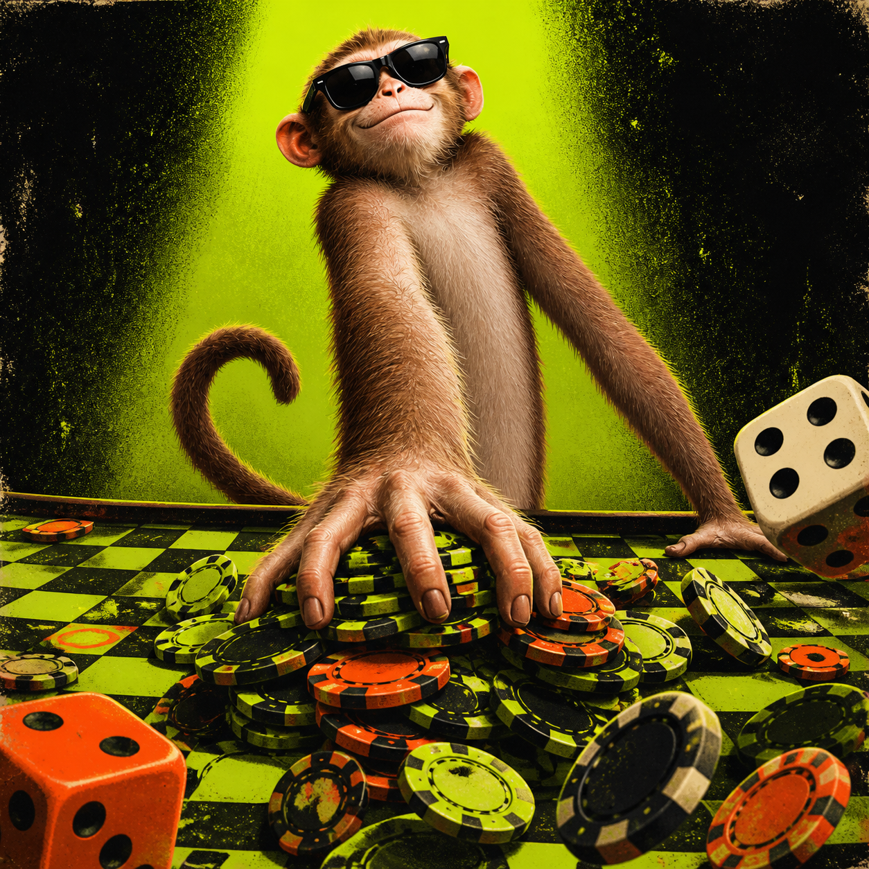 Long Monkey pushing a chaotic pile of casino chips forward