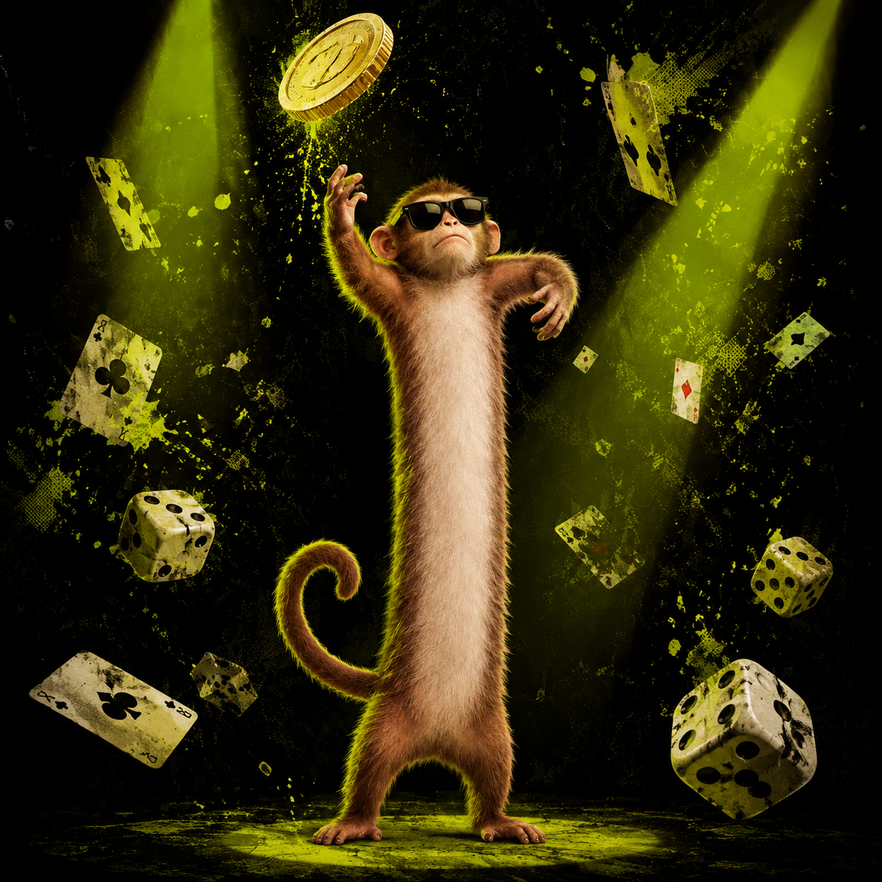 Long Monkey tossing a giant gold coin among cards and dice