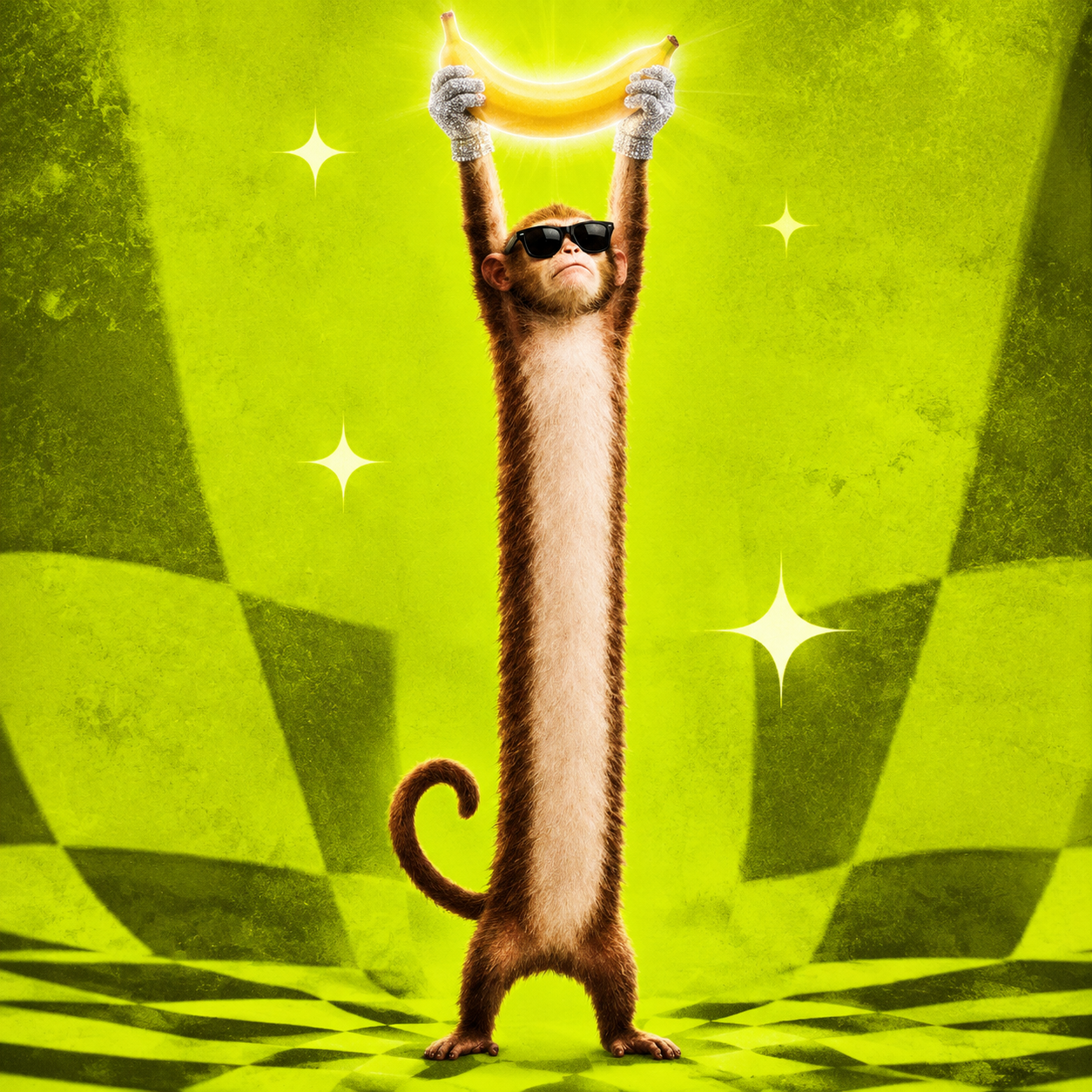 Long Monkey holding a glowing banana above his head with diamond gloves