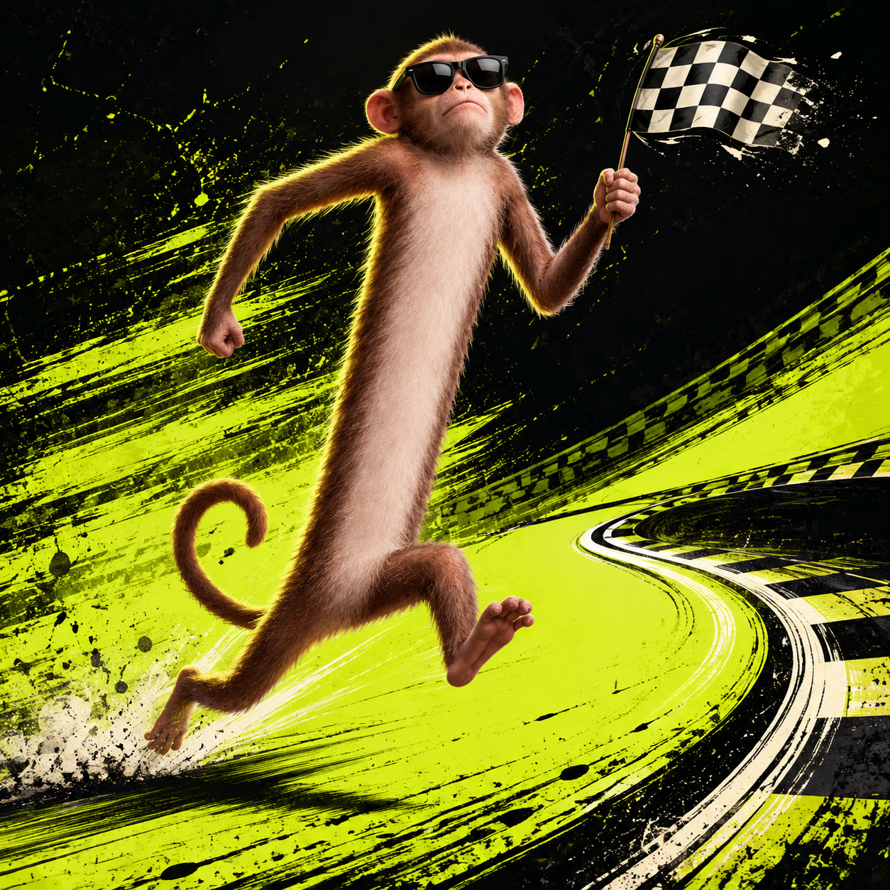 Long Monkey recklessly sprinting with a finish flag