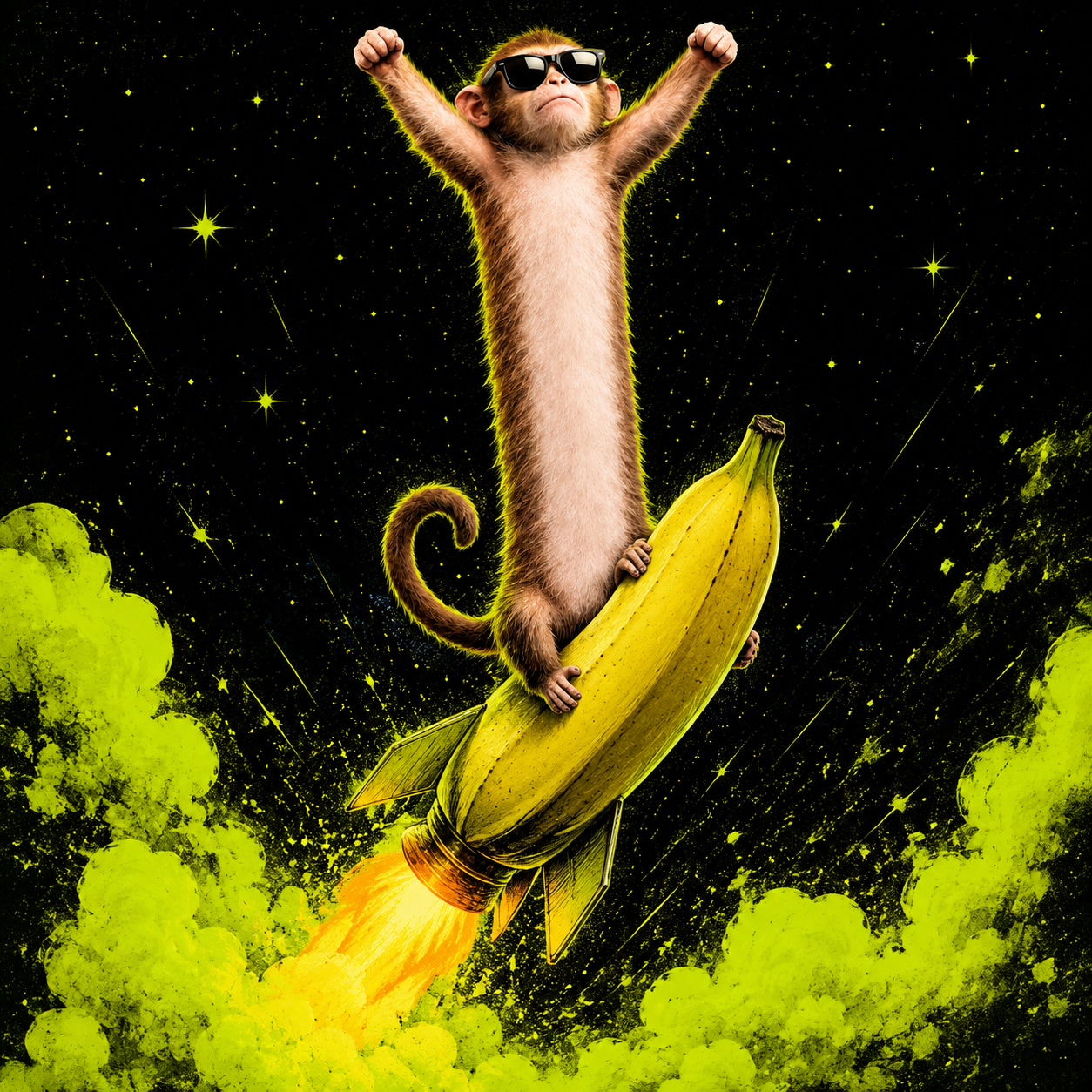 Long Monkey flying upward on a banana rocket